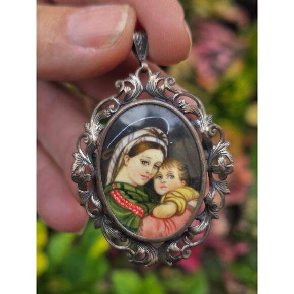 Vintage Italian Ornate 800 Silver Mother & Child Portrait Brooch / Pin /Pendant - Picture 6 of 6